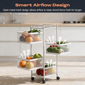 White 4-Tier Metal Storage <b>Rack</b> with Wheels for Kitchen Food Organization Minimalist Design Standing Type - Product Image 5