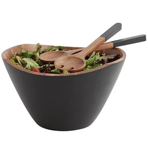 Modern Black Wooden Salad Bowl with Acacia Wood Salad Server Set Handmade Large Serving Bowl for Kitchen Dining Table - Product Image 1