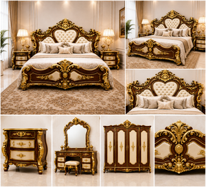 Ensemble de meubles de chambre à coucher en teck de style antique, suite de chambre principale royale victorienne avec tête de lit capitonnée en forme de cœur, ensemble de lit king-size italien - Product Image 6