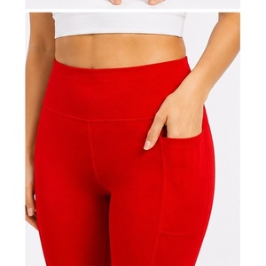 Red Women's High Waist Yoga <b>Leggings</b> Elastic Breathable Cotton Spandex with Butt <b>Shaping</b> Design and Utility Pocket - Product Image 4