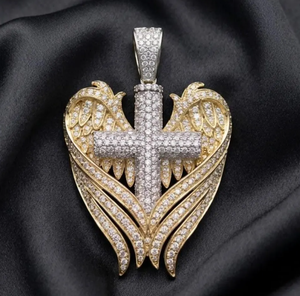 Colgante de Cruz de Moissanita con Alas de Ángel y Corazón, Joyería de Color Dorado para Regalo y Moda - Product Image 2