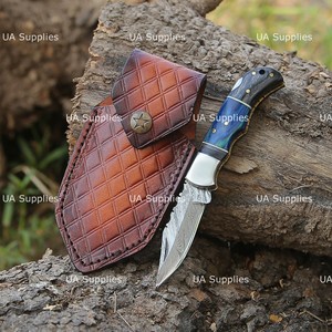 Excellent Quality UA Supplies Industrial Grade Damascus Steel Folding <b>Knife</b> Clip Point Blade Leather Sheath OEM Available 1 Year - Product Image 5