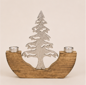Handcrafted Rustic Christmas Tree Candle Holder With Mango Wood Base And Aluminum Metal Tree Dual <b>Tea</b> Light <b>Stand</b> Home Decor - Product Image 3
