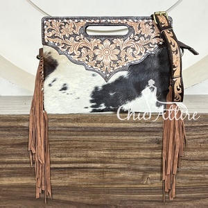 Factory Wholesale New Customized Western Floral <b>Tooled</b> Cowhide <b>Leather</b> Handbag Hair On Hide Fringe Purse Crossbody Bag for Women - Product Image 1