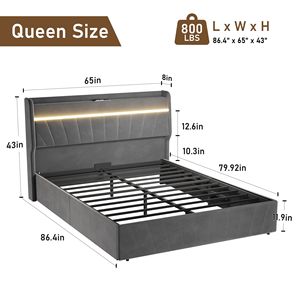 โครงเตียงควีนไซส์แบบมีพนักพิงหุ้มเบาะ พร้อมไฟ LED และแท่นชาร์จ  โครงเตียงยกเก็บของได้  พร้อมแผ่นรองรับไม้ระแนง - Product Image 3