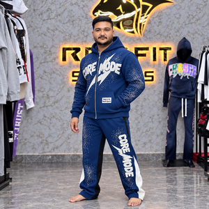<b>Mens</b> <b>Navy</b> Zip Hoodie Tracksuit Applique Rhinestone Spray Wide Leg <b>Jogger</b> Cotton Fleece Winter Custom Label Set - Product Image 2