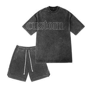 2026 Mens Custom Logo <b>2</b> <b>Piece</b> Summer <b>Set</b> Streetwear Jogging Outfit with Vintage Acid Washed T-Shirt & Shorts Casualwear Fashion - Product Image 6