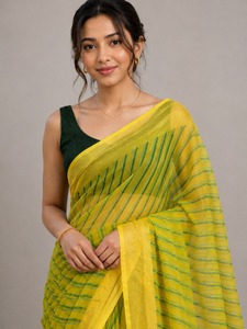 Sari en soie rayé jaune et vert pour femmes, tenue traditionnelle indienne, décontracté, longueur au sol, coupe classique, toutes saisons, Bengale occidental - Product Image 2