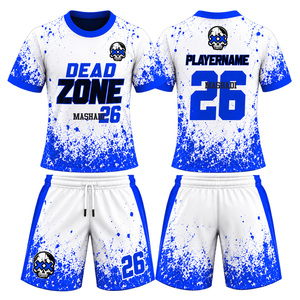 Conjunto de Jersey y Pantalones Cortos Sublimados Blancos y Azules para Hombre, Marca Dead Zone Rugby Kit, Transpirable, 100% Poliéster, Cuello Redondo, Manga Corta, Corte Regular - Product Image 1