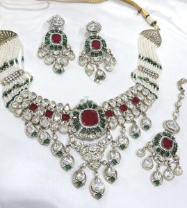 Stylish Premium Quality Brass Gold Plated Moissanite <b>Statement</b> Fusion <b>Necklace</b> Set with Earrings & Tikka for Wedding Party Wear - Product Image 2