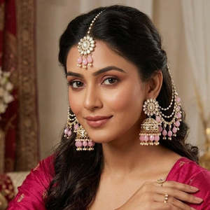 Jewelemarket Elegant Kundan Stone Beads Jhumki Earrings Maangtikka American Diamond Imitation Pearl Sets Model Number 10575457LP - Product Image 6