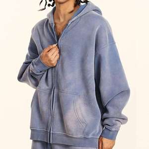 Sudadera con capucha personalizada para hombre, estilo vintage, con cremallera, informal, de forro polar, estilo urbano, de peso pesado, lisa, con lavado ácido, oversize, de moda - Product Image 2