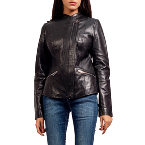 Women's Black Genuine <b>Leather</b> Moto <b>Jacket</b> Full Sleeve Stand Collar Zipper Closure Autumn Style - Product Image 1
