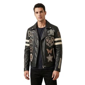 Vestes en cuir jaune et noir pour motards avec graphismes flamboyants, écussons étoiles et badges brodés - Product Image 3