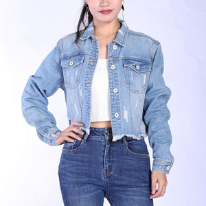 Ensemble veste et pantalon en jean élégant pour femme, 2 en 1, tendance, délavé clair, luxueux, avec rembourrage en coton tricoté - Product Image 1