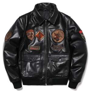 Veste en cuir véritable pour homme en peau de mouton 2026 avec patchs brodés, col rabattable, fermeture éclair, style motard - Product Image 5