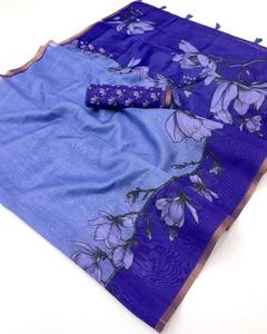 Fournisseur de saris en lin Chanderi de qualité supérieure avec imprimé numérique floral et bordure Zari, et ensemble de chemisiers à imprimé floral dispersé, de Surat. - Product Image 4