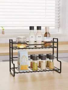 2 Tier Carbon Steel Spice Rack Organizer Countertop Metal Seasoning Bottle Holder Multifunctional <b>Storage</b> Shelf <b>Kitchen</b> - Product Image 1