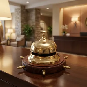 Campana de llamada de latón con base de timón de barco de madera, campana decorativa náutica marítima de sobremesa para recepción de hotel - Product Image 5