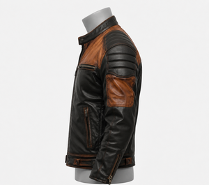 Veste moto en cuir véritable pour homme, coupe ajustée, col montant, fermeture éclair, style automne - Product Image 2