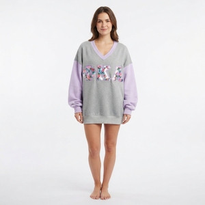 <b>Women's</b> Light Blue <b>V</b>-<b>Neck</b> Oversized <b>Sweatshirt</b> With Floral Lambda Chi Alpha Applique Full Sleeve Knitted Cotton Autumn Wear - Product Image 3