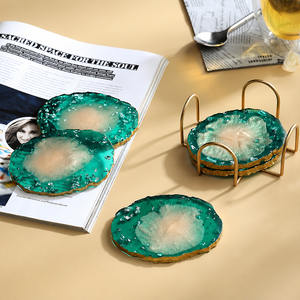 Epoxy Resin Luxury Coasters Set Round Shape Bohemian Design Non Slip <b>Mats</b> & Pads Green Gold Trim 6mm Thickness 100mm Diameter - Product Image 1