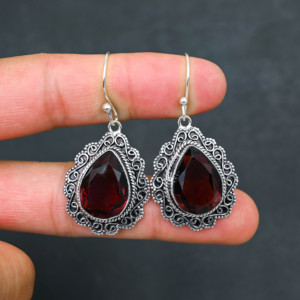 Customised <b>Red</b> Garnet LAB-CREATED 925 Sterling Silver <b>Earrings</b> 1.9" Handmade Gemstone Jewelry Antique Fine <b>Earring</b> Gift for Wome - Product Image 4