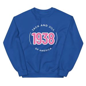 Unisex Royal Blue 1938 Graphic Crewneck Sweatshirt <b>Long</b> <b>Sleeve</b> Casual Pullover <b>Top</b> with Front Letter Design and Ribbed Cuffs - Product Image 1