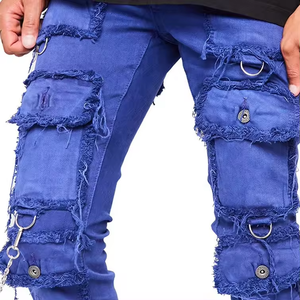 Men's Cargo <b>Jeans</b> Denim Pants With Multiple Pockets <b>Chain</b> Detail Distressed Wash Hip Hop Style Spring Cotton Regular Fit - Product Image 3