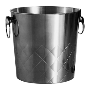 Seau à glace champagne en or brossé, fabriqué en métal, avec un motif en grille de diamants en relief, fini avec des poignées en forme de anneau. - Product Image 2