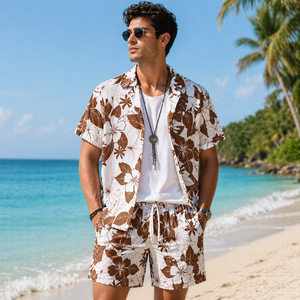 Brown Floral Print Design Breathable Men's Casual BeechWear Summer Shirt 320 Grams Quick Dry Eco-Friendly Short Sleeve 100%poly - Product Image 1