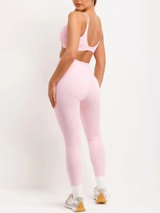 Women's Solid Pink 3-Piece Zip-Up Sports Jacket Bralette Seamless <b>Leggings</b> Set Four-Way Stretch Breathable Fabric for Workout - Product Image 3