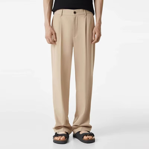 Pantalon habillé plissé beige pour homme, taille haute, coupe décontractée, jambe droite, pantalon formel, pantalon ajusté élégant et décontracté - Product Image 3