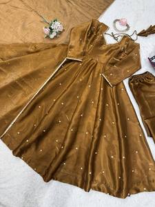 Mustard Anarkali Gown in Silk with Embroidery Work and Dupatta Party Wear <b>Ankle</b>-Length Wrinkle-Free - Product Image 5