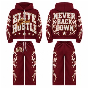 Wholesale Custom Oversized Hoodie Tracksuit Men <b>Women</b> Heavyweight Cotton Fleece Zip Up <b>Jacket</b> and Baggy Sweatpants Puff Print - Product Image 4
