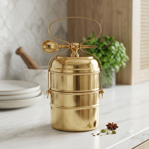 Brass <b>Tiffin</b> <b>Box</b> 2 Tier Stackable Food Carrier With Locking Handle And Spoon Luxury Metal Lunch <b>Box</b> Wholesale Manufacturer - Product Image 3