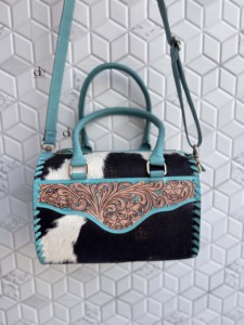 Unique Designer Hair-On Hide Cowhide Leather Speedy <b>Bag</b> Hand Tooled Leather Floral Carving Western <b>Shoulder</b> Purse For Women Use - Product Image 4