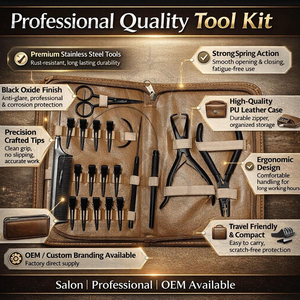 Kit d'outils pour extensions capillaires personnalisables avec pochette en cuir beige, pinces à micro-perles, ciseaux, peigne à queue et aiguille de tirage - Product Image 5