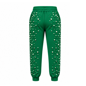Emerald Green Pearl Beaded <b>Jogger</b> Pants <b>Women</b> Fashion Embellished Drawstring Sweatpants Luxury Casual Streetwear <b>Fleece</b> Bottoms - Product Image 2