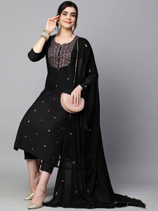 Black Cotton Knee-Length <b>Kurta</b> Set Embroidered Neckline Dupatta Regular Fit Traditional Indian Pakistani <b>Women</b> Diwali Quick Dry - Product Image 1