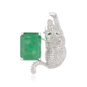 Broche panthère Art Déco unique, inspirée des animaux, en or blanc massif 14 carats, sertie d'émeraudes et de diamants de 6,5 carats, pierre de naissance de mai, bijoux unisexe - Product Image 1