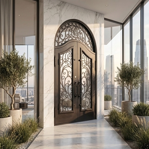 Modern Wrought Iron Double Entry Door with Arched Top and Scroll Design Water Resistant Finished Surface for Exterior Use - Product Image 3