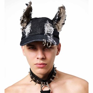 Gorra de Béisbol Unisex Negra Desgastada con Orejas de Gato y Anillos Metálicos, Estilo Punk, 6 Paneles, Ajustable - Product Image 6