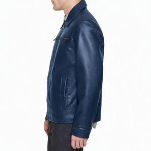 Veste en cuir rouge pour homme, col rabattu, fermeture éclair, vêtement d'extérieur décontracté pour l'automne, coupe classique, couleur unie - Product Image 6