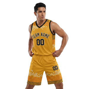 Maillot de basket-ball personnalisé sublimé jaune et noir en mesh, débardeur unisexe adulte respirant en polyester avec impression de logo sur le devant - Product Image 3