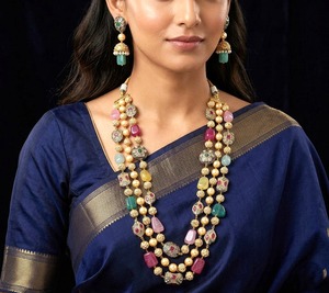 Conjunto de collar de 3 capas con cuentas de perlas multicolor, joyería nupcial india, aretes para mujer - Product Image 2