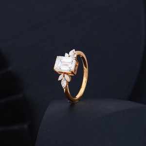 Emerald Cut Diamond <b>Ring</b> Marquise Accent Engagement Band 18K Gold Luxury <b>Resizable</b> Jewelry for Women Anniversary Gift - Product Image 1
