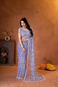 LD CREATION Modern <b>Net</b> Saree Hand Beads Sequence Pearl Embroidery Quick Dry Party Wear Wedding Saree Heavy Unstitched Blouse - Product Image 5
