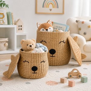 Handwoven Water Hyacinth <b>Storage</b> <b>Basket</b> with Cute Bear Design Lid <b>Toy</b> Organizer Nursery Laundry <b>Basket</b> Home Decoration - Product Image 4