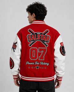 แจ็คเก็ตเบสบอลแบบ Varsity สีแดงขาวสั่งทำพิเศษ พรีเมียม ทำจากผ้าขนสัตว์ พร้อมป้ายปัก  ผู้ผลิตแบบ OEM/ODM - Product Image 2